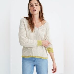 🕓 Madewell | Tipped Ridgeton Pullover Sweater | Knit V-Neck | Cream/Lime | M
